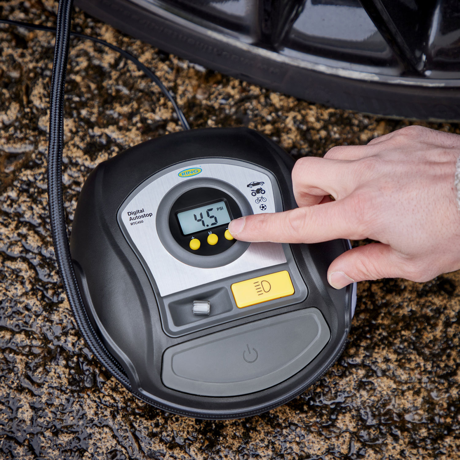 Ring Tyre Inflator Pump Digital 12V Auto Stop Air Compressor RTC450 – The  Motohut